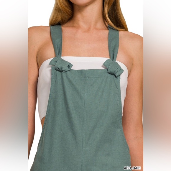 NWT Zenana Woven Stretchy Knot Tie Green Overalls - Picture 4 of 6